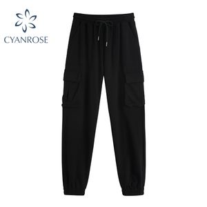 Svart Harembyxor Kvinnor Casual Loose High Waist Elastic Drawstring StreetWewar Pocket Overaller Byxor och Harajuku Joggers 210417