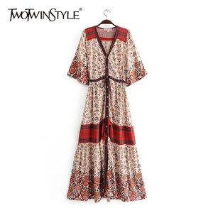 TWOTWINSTYLE Vintage Printed Dress For Women V Neck Short Sleeve High Waist Hit Color Maxi Dresses Female Summer Fashion 210517