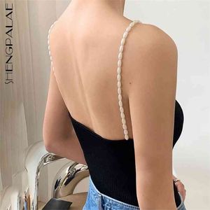 Minimalist Black Knitted Tops Women's Summer V-neck Pearl Chain Open Back Suspender Sexy Bottomed Vest 5E126 210427