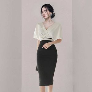 Sommar Elegant Kvinnor Yrke V-Neck Pencil Dress Slim Sheath Bodycon Bag Hip Dress Vestidos 210531