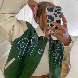 Autunno House Of Grass Donna Lettera Bomber verde Donna Streetwear FARE UN VIAGGIO Cappotto da baseball con cerniera colletto rovesciato 210914