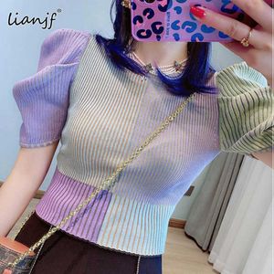 Casual Hit Farbe Stretch Gestrickte T-shirt Frauen O Neck Puff Kurzarm Schlank Patchwork Weibliche Sommer Mode Flut Damen jumper X0721