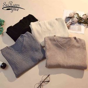 V-neck Cotton Sweater Women Autumn Slim Long Sleeve Korean All-match Loose Office Lady Bottoming Pullover 10646 210510