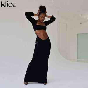 Kliou Irregular Shape Maxi Dress Women Solid Truncated Hollow Out Cleavage Robe Hipster Long Sleeve Backless Hot Female Clubwear Y1204