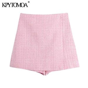 Kpytomoa女性のシックなファッションTweed Shortsスカートビンテージハイウエストバックジッパー女性Skort Mujer 210719