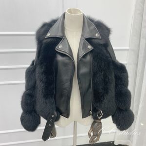 2020 Real Fur Coat Vinterjacka Kvinnor Naturlig päls Äkta läder Ytterkläder StreetWear Tjock varmt mode