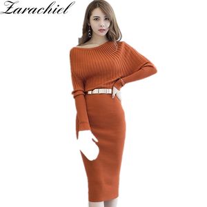 Sexig av axel Bat Sleeve Stickade Kvinnor Vinter Sashes Solid Sweater Pencil Vestidos Office Lady Slim Warm Long Dress 210416