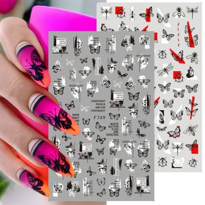 Nail Art Stickers Ins Punk Letters Lines Butterfly Black and White 3D Adhesive Fingernail Dekaler Dekorerar 10 Mixed Style i ett parti