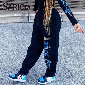 Lightning Imprimir Black Sweatpants Mulheres Harajuku Punk Borboleta Borboleta Solta Bolso Cintura Alta Calças Esporte Pantalon Cargo Femme Q0801