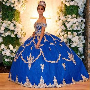 Blue Glitter Ball Suknia Quinceanera Prom Dresses 2021 Off Ramię Złote Aplikacje Słodkie 15 Suknie Red Puffy Spódnica Vestido de Bola