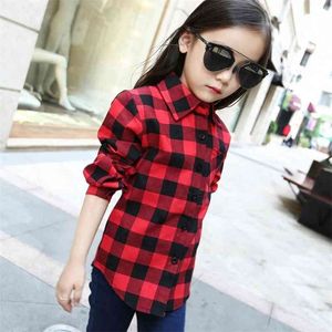 Famli Girls School Plaid Blouse Spring Autumn Unisex Kids Fashion Cotton Long Sleeve Blouses Children Boy Red Tee Shirt 210331