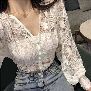 Blusas Sexig Lace Hollow Transparent Flower Bubble Långärmad V Neck Vintage Vit Svart Blus Kvinnor Topp 818h 210420