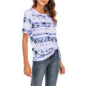 Wholesale tie knot top for sale - Group buy Summer Women Stripe Tie dye Print Knotted T Shirt Female Casual Loose O Neck Streetwear Tops Ladies T shirt