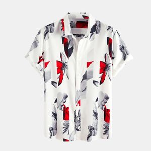 メンズTシャツメンメンフローラルシャツスリムフィットTシャツコットンリネンプリント半袖ボタンメンズファッションブラウストップベテメントホム2021