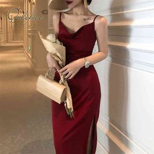 Ordifree sommar vintage kvinnor satin glid klänning spaghetti band sida slits svart burgundy silke sexig lång fest 210623