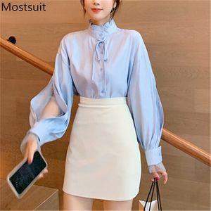 Koreanska Eleganta Kvinnor Blusskjorta Lace Spliced ​​Sleeve Single-breasted Half High Collar Bow Topps Office Ladies Fashion Blusas 210513