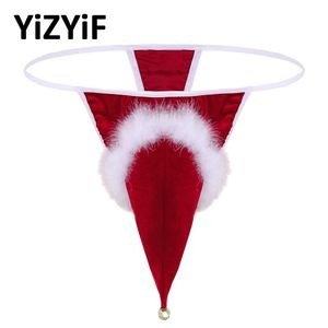 Sexy Bikini Thong Underwear Men Lingerie Velvet Santa Christmas Holiday Fancy Cosplay G-string With Small Bell Men's Swimwear