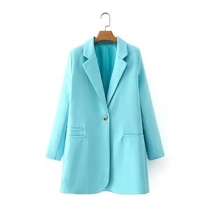 Elegante Frauen solide blaue Blazer Büro Damen Taschenjacken lässig weibliche schlanke lange Anzüge schickes Mädchen gekerbt 210427