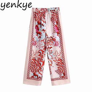 Vintage Totem Floral Print Casual Luźne Spodnie Kobiety Elastyczne Wysokie Waist Patchwork Flowle Długie Spodnie Pantalones de Mujer 210514