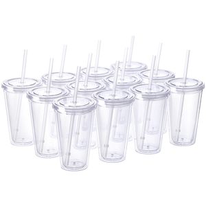 16oz Transparent Cups Tumblers Plastic Drinking Juice Cup With Lip And Straw WLL887