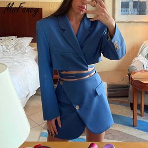 MSFancy Summene Saia Sets Mulheres Azul Manga Longa Manga de Encanamento de Encanamento Cortar Blazer Cintura Alta Cintura A-Line Terno Saia Mujer Conjuntos Elegantes 210604