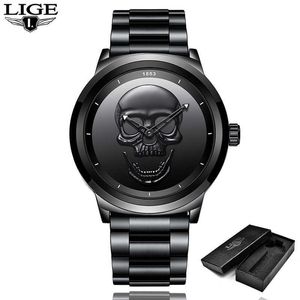 Relogio MasculinaLige Männer Skull Watch Marke Luxus Edelstahl Quarz Uhren Herren Business Mode Wasserdichte Retrouhr 210527