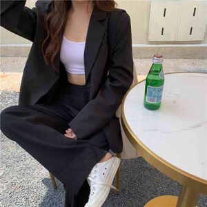 Czarny Retro Wszystkie Dopasuj Ol Solid Women Blazers + Eleganckie Luźne Vintage Proste Spodnie Garnitury 2 zestawy 210421