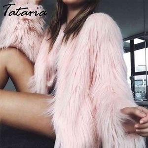 Tataria Kvinnors Furry Faux Fur Coat för Vinter Tjock Varm Kvinnlig Långärmad Fluffig S Collarless Overcoat 210514