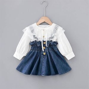 Kleinkind Baby Kleid 1-3Years Frühling Herbst Kinder Outwear Infant Big Lace Neck Shirt + Weste Kleid Zwei Stücke set Für Mädchen 210701