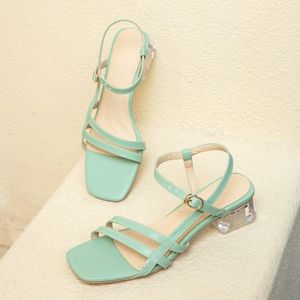 Dress Shoes Summer 2021 Korean One-word Buckle Solid Color Square Heel Sandals Size 32-45 102-15