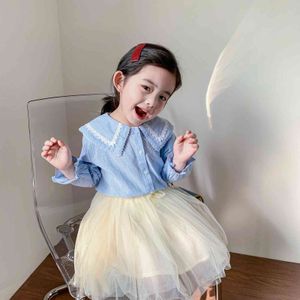 Autumn baby girls casual turn-down collar long sleeve shirts all-match lace-collared solid color Tops 210508