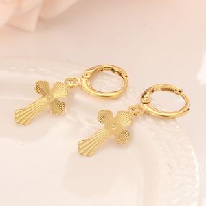 Wide Quality 18 K Yellow Solid Gold G/F Sleeper Hoop Dangle Earring with Cross / Earrings Religion Christianity