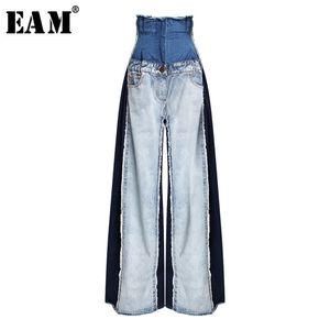 [EAM]春の夏のハイウエストの緩いヒットカラーデニムポケットブルーロングワイドレッスジーンズ女性ズボンファッションJR841 210708