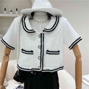 Summer Short Sleeve Woolen Jacket Coat Women Korean Sweet Chic Elegant Tweed Crop Top Oversize Casual Outerwear 210514