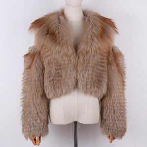 Kvinnors Fur Faux Yoloagain Women Off Shoulder Real Jacket Ladies Beading Kort Stickad