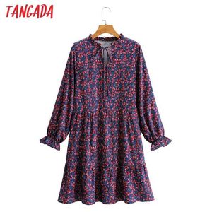 Tangada Women Navy Flowers Print Loose Dress Ruffles Bow Long Sleeve High Street Ladies Vintage Midi Dress SY56 210609