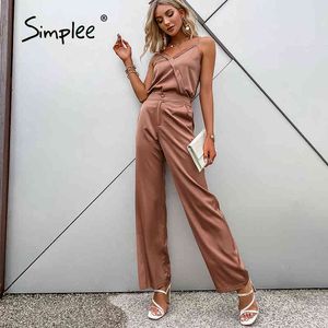 Sexig Elegant Satin Kvinnor Två Poster Suit Sommar Fashion V-Neck Camisole Long Wide Ben Byxor High Street Set Lady Chic 210414