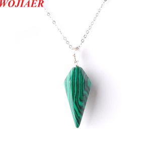 WOJIAER Sechseckige Pyramide Anhänger Halskette Natürlicher Malachit Edelstein Reiki Chakra Dangle Beads Z9097