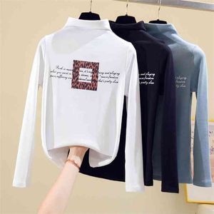 Autumn Women Causal Solid Loose Printing Long Sleeve kitted Turtleneck T-Shirts Lady Girls Basic Tee T Shirts Tops 210507