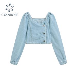 Vintage Stylish Short Style Pleated Denim Blusar Kvinnor Mode Långärmad Casual Sexig Ladies Shirts Chic Crop Tops 210417