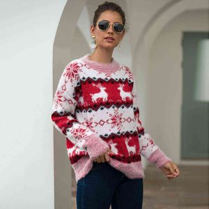 Suéter feio de Natal manga longa Rena Elk New Year Mulheres de malha camisola em torno do pescoço Xmas jumper feminino topo y1118