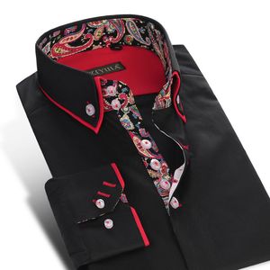中国風プリントメンズ二重層カラーシャツポケットレスデザイン長袖スタンダードフィットボタンダウンコットンシャツ210506