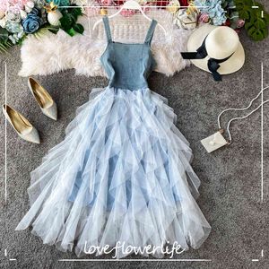 Süße Denim Rüschen Prinzessin Vestidos Frühling Kawaii Koreanische Frauen Kleid Ins Mode Mesh Patchwork Kleid 210521