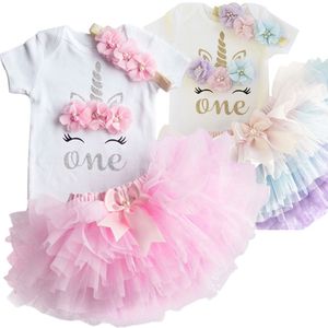 Bebê menina é meu primeiro aniversário de 1 ano Tule Tutu Vestido Roupas de Verão Unicórnio Festa Infantil Roupas de Bebê Pequeno