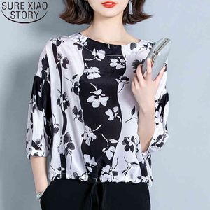 Blusas de seda coreana camisetas Mulheres Verão de manga curta impressão mais tamanho escritório senhora tops blusas mujer de moda femme 10159 210417