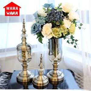 European Retro Glass Vase Metal Alloy Gold Modern Table Creative Home Decorative Artificial Flower Bottle for Wedding 211215