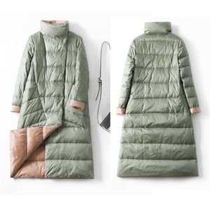 アヒルダウンジャケットの女性冬の長い厚い両面格子縞のコートの女性のプラスサイズの女性のスリムな服のための暖かいパッカー211007
