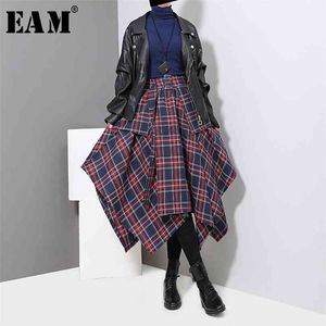 [EAM]春のハイウエスト赤い格子縞の分割ジョイントルーズビッグ裾半身のスカート女性のファッション全てのマッチJD402 210629