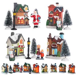 LED Resin Christmas Village Set Party Decoration Santa Claus Pine Needles Snow Street View House Holiday Gift Home Ornaments 211104