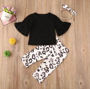 Newborn Baby Girl Clothing Sets Solid Color Flare Tops Leoprad Print Long Pants Headband 3Pcs Outfits Set